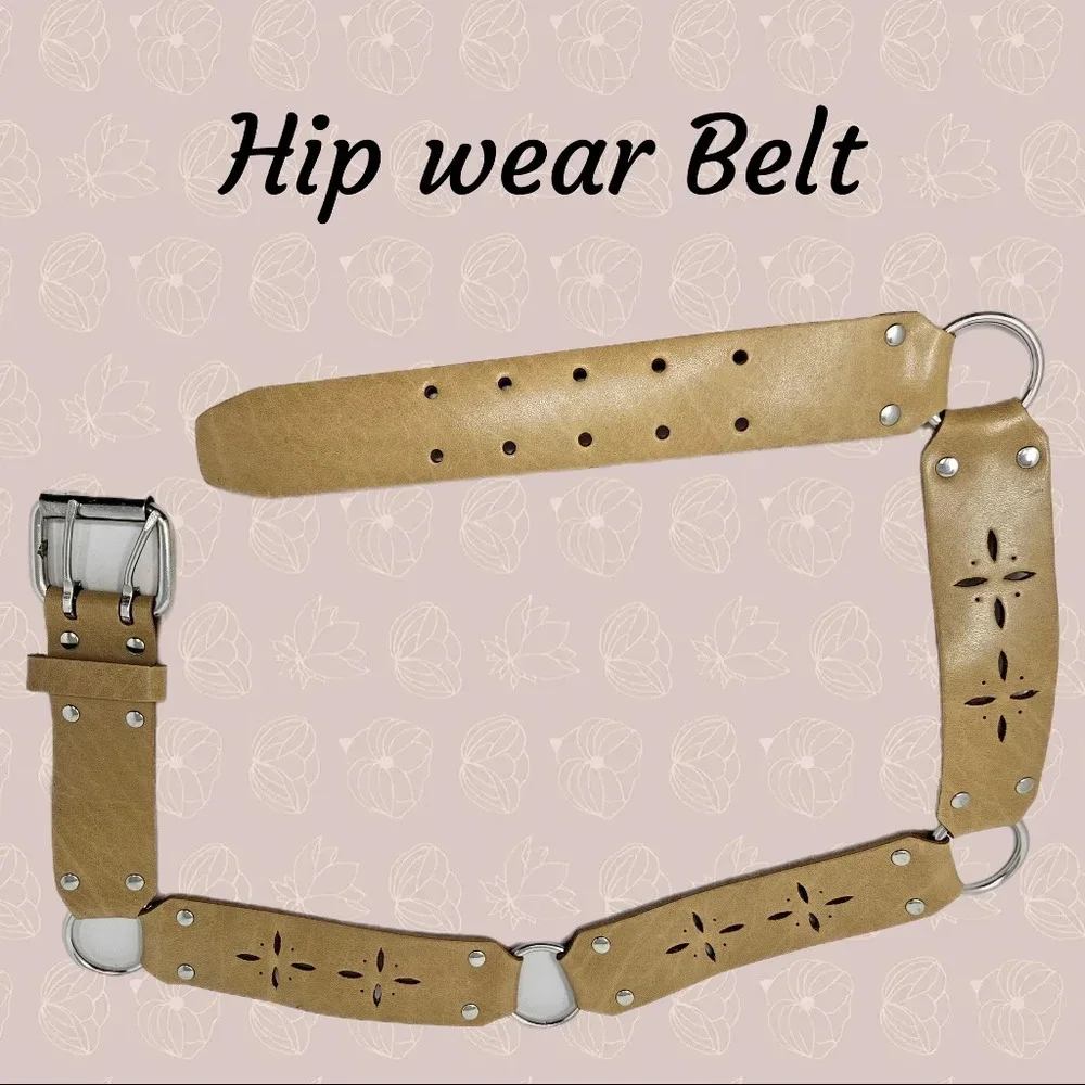 Hip Wear Belt Womens Sz M Tan Leather Cut Outs & Silver Tone Circle & Studs